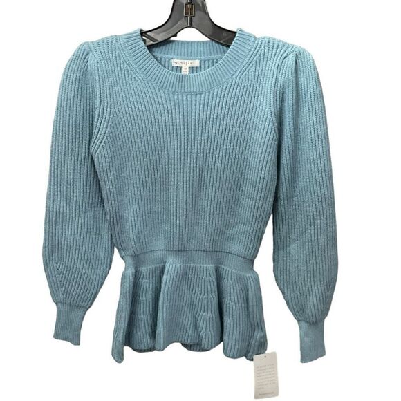 Nordstrom Maisie Sweater Crew Neck Steel Blue Peplum Hem Puff Long Sleeve Medium - Picture 1 of 10